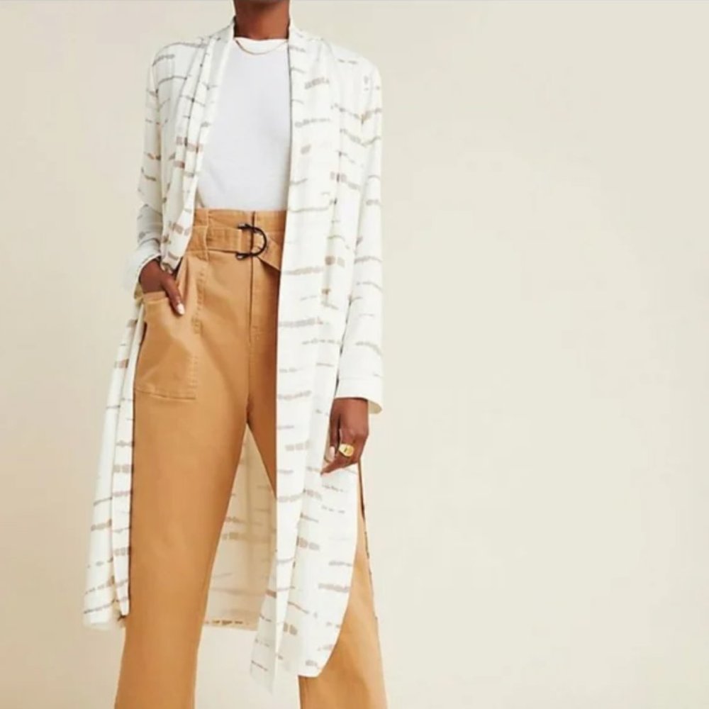 NWT Anthropologie BB Dakota White & Brown Brush Stroke Duster S
